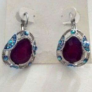 STYLE & CO. Retro Silver Red Purple/Aqua Crystal Lever Back Earrings**NEW!
